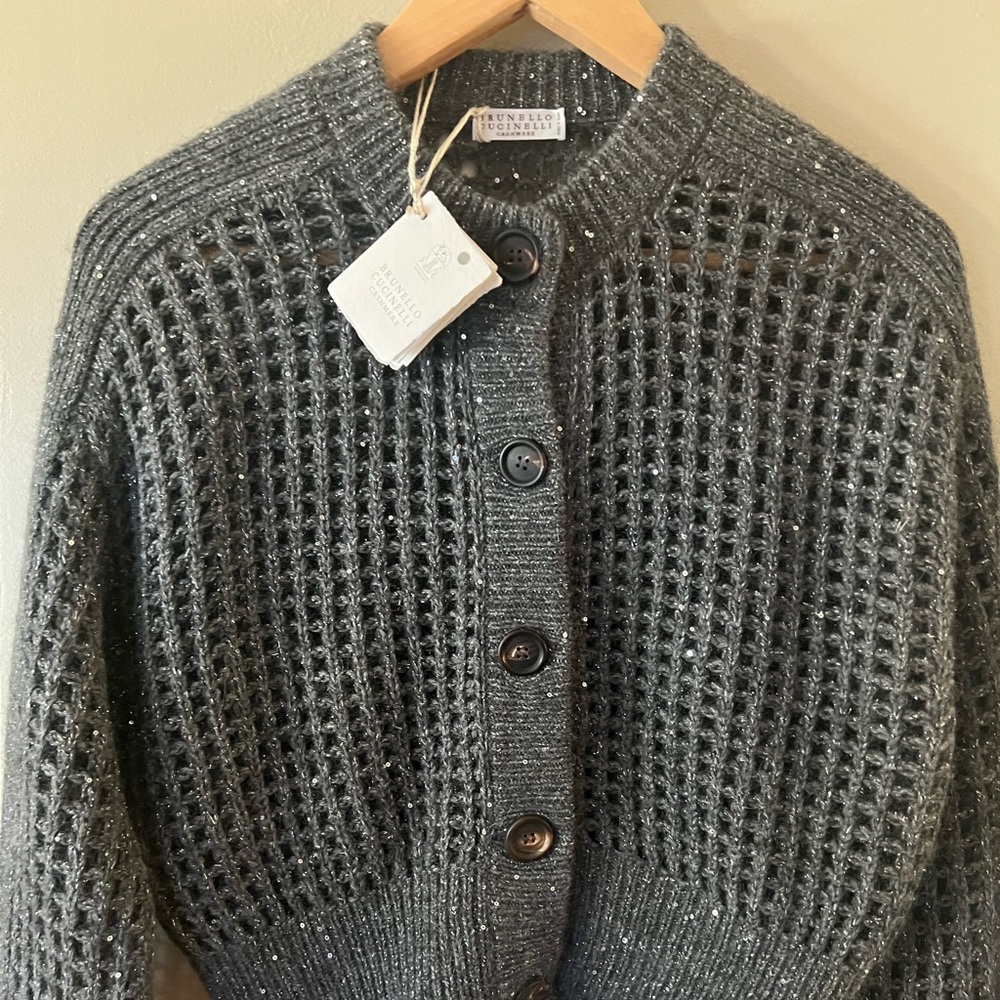 Women’s Brunello Cucinelli NEW Sequin Crochet Cardigan Gray Cashmere Blend Sz S